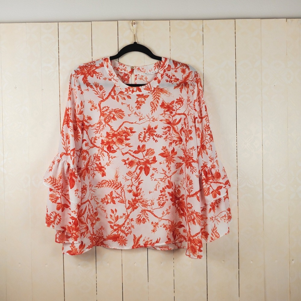 Violet + Claire Blouse Womens XL Orange Floral Excellent Ruffle Bell Sleeve Top